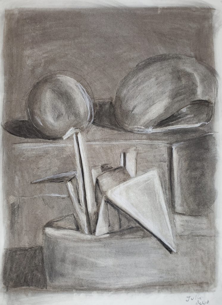 A black and white charcoal drawing of an origami swan, a ball, and a broken sphere. 