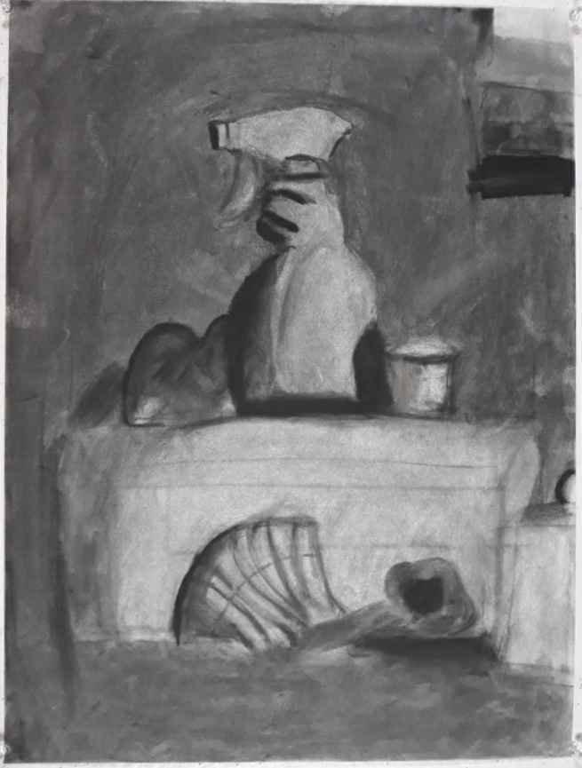 This is a charcoal drawing of a spray bottle, next to a small, white bowl on top of a rectangular foam block. Bellow the foam block is a sea shell with a fake bone next to the shell.