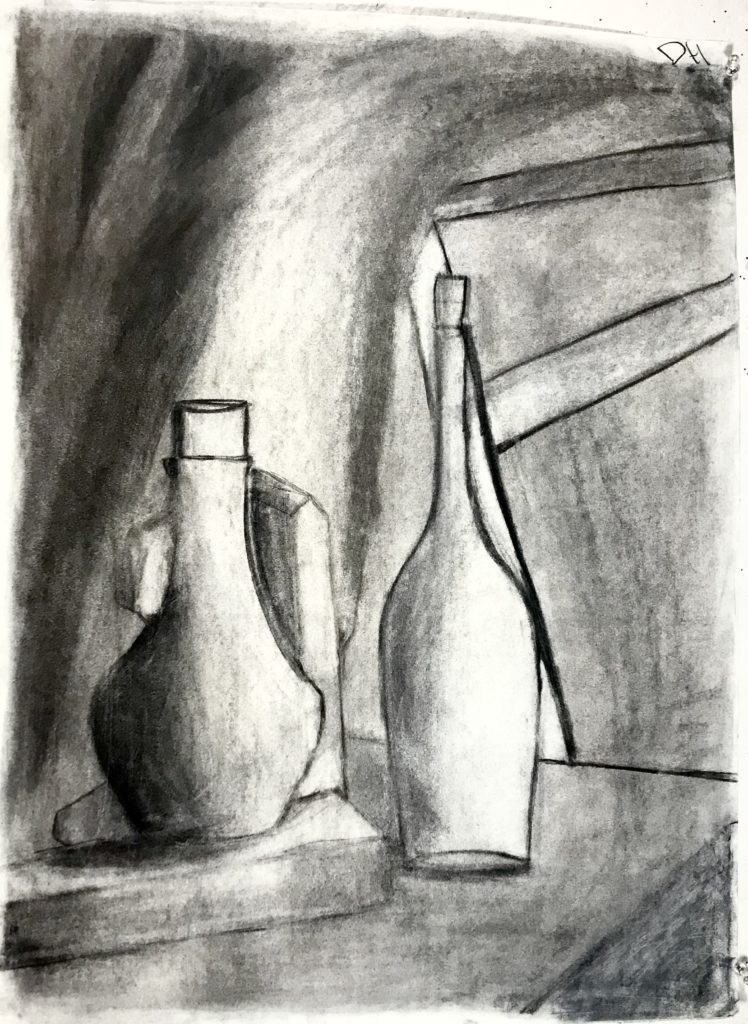 This drawing shows a wine bottle on the right with another bottle to the left beside of it thats on top of a block, in the background white cloth is draped with a latter on the right holding it up. The lighting is mainly coming from the right in this image