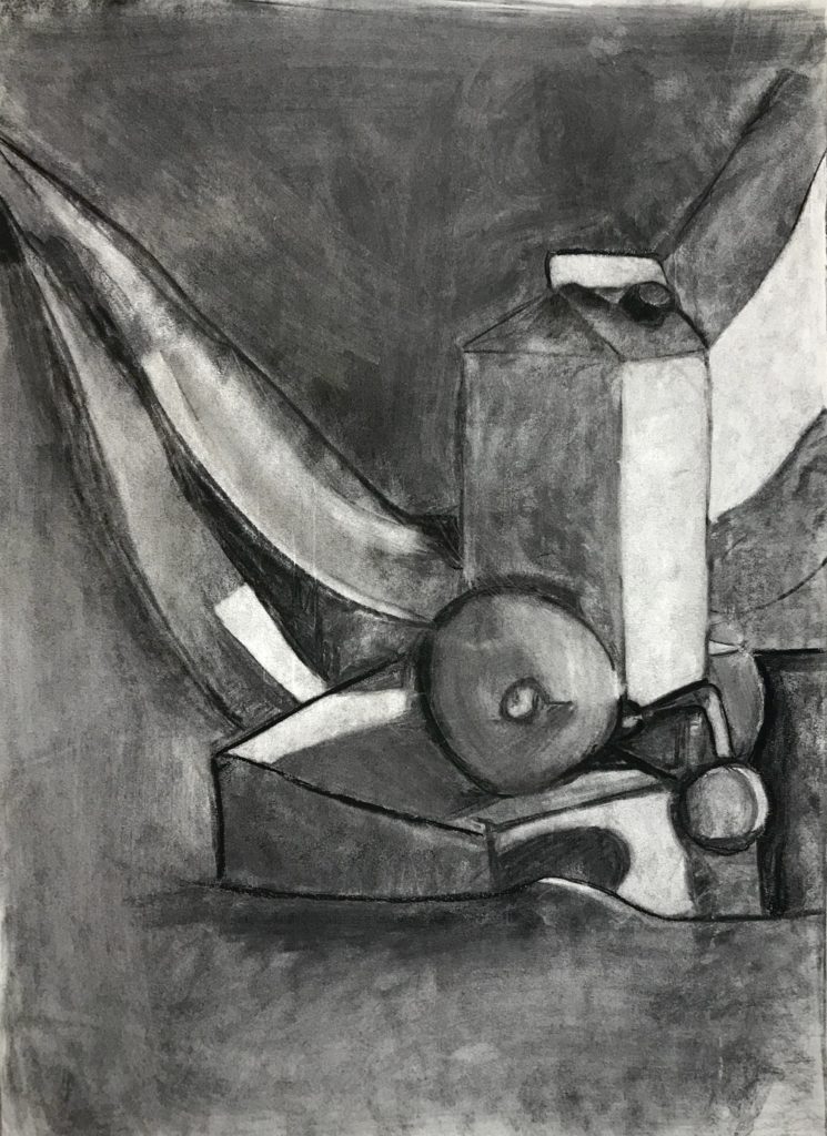 This is a black,white, and grey drawing of ; a milk carton, a funnel, drapes, and other objects in an effort to practice different values of color.