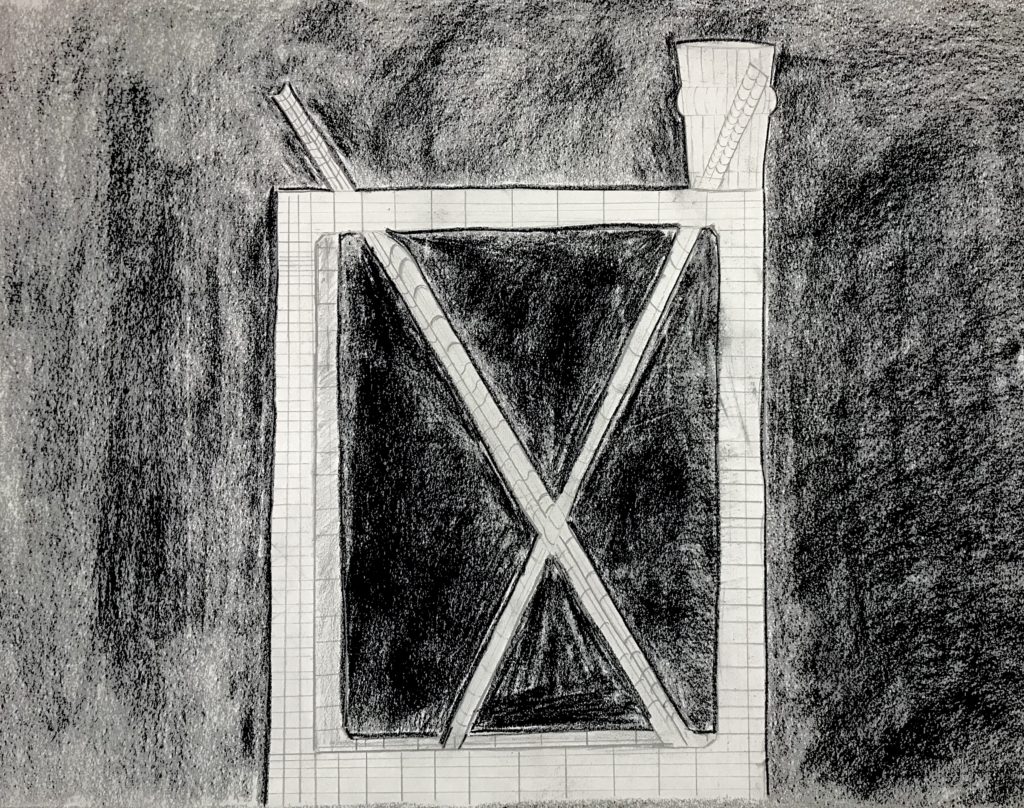 Black and white drawing a metal cube, 2 sets of chopsticks and a shot glass. The objects are left white with horizontal and vertical lin