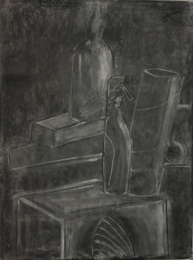 Charcoal drawing of a spray bottle, boxes, a cylinder and shell.