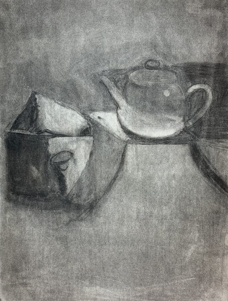 This is a dark drawing of a teapot, a cube, and a can. This drawing shows the purpose of reductive value. 