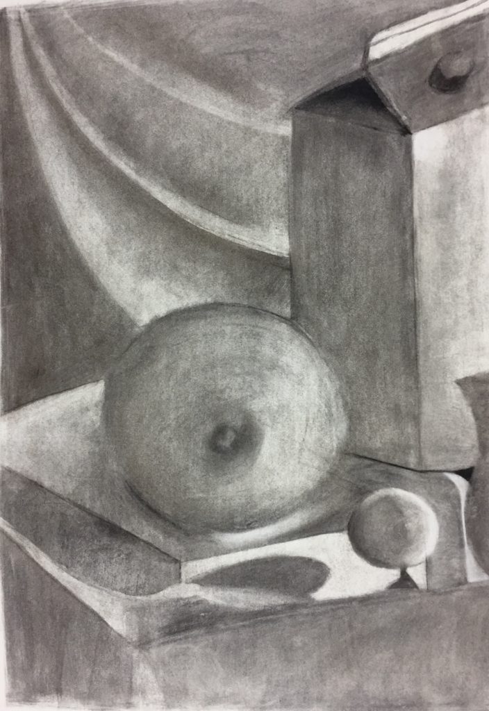 A black and white charcoal reductive value drawing of a still life containing a funnel, milk carton, book, and ball.