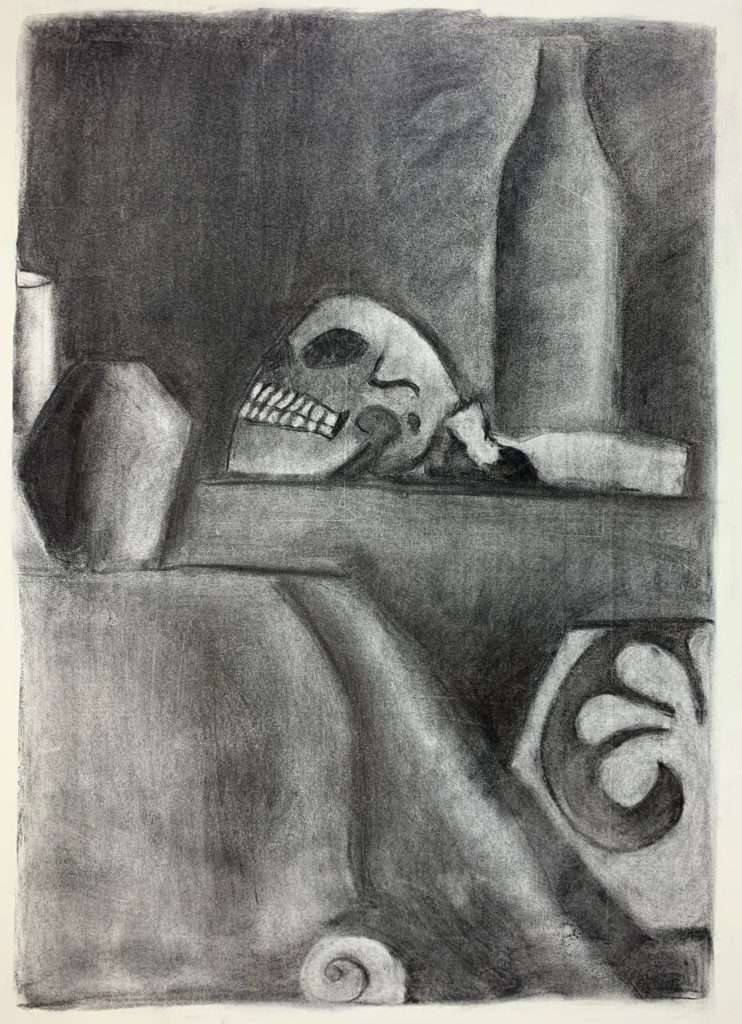 This is a value drawing of a bottle, skull, a soda can, and a sculpture. It's dark shading that fades into a lighter shading based off the light placement. 