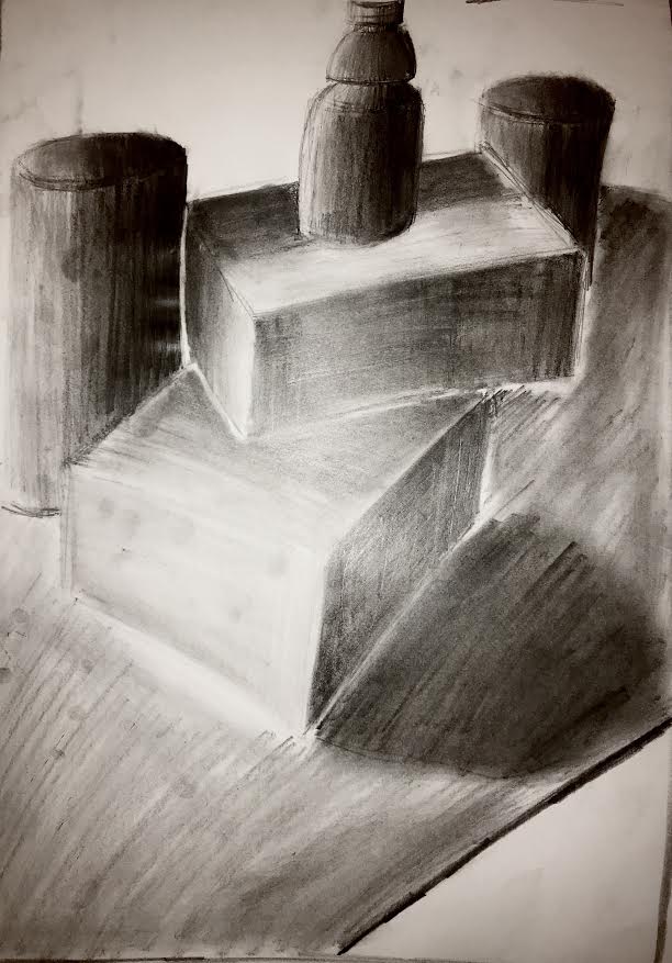 This is a charcoal still life of items in my dorm room. I stacked two boxes on top of each other and put a gatorade bottle on top of them. Then had to quaker oatmeal containers and put them on each end of the boxes. One on the left and other on the right. Both were in the behind the boxes too.