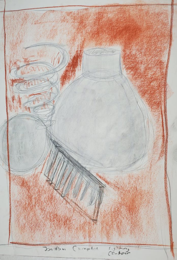 A Cross-Contour still life drawing of a spring, a ball, a vase, and a metal comb in grey with white contour lines. The background is orange,