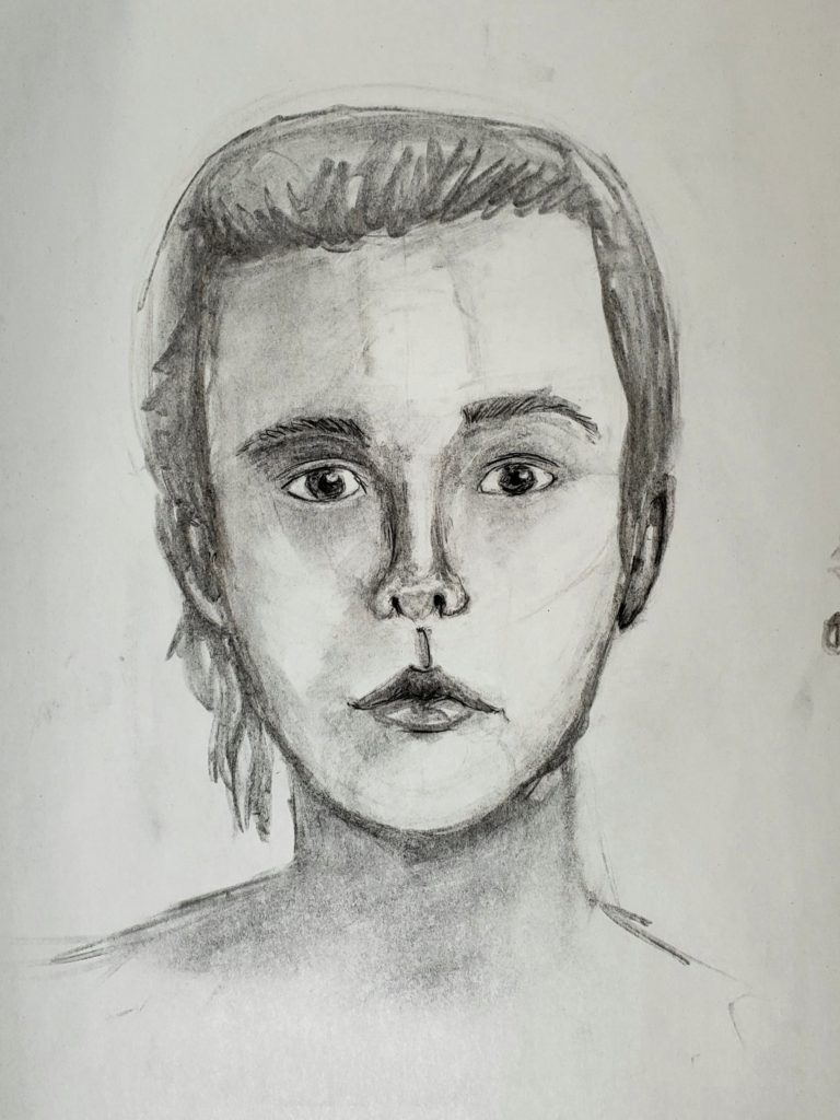 This is a graphite and charcoal portrait drawing of a female classmate. 