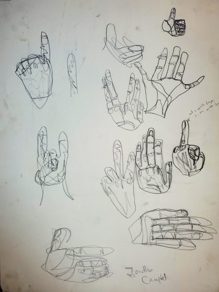 Ten contour line drawings of hands in various poses, including a finger pointing up, and a thumbs up.