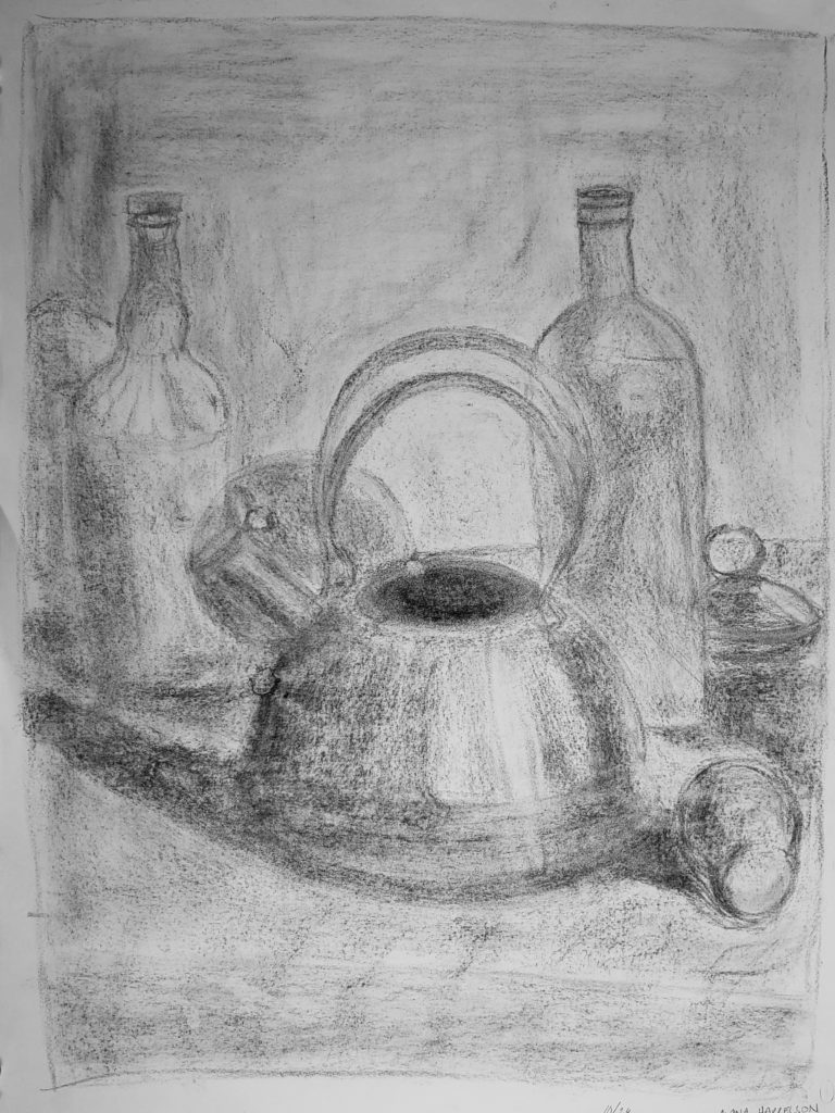 Charcoal drawing with white sketch paper background. Consists of a teapot, 2 glass bottles and a pear. It is oriented vertically.