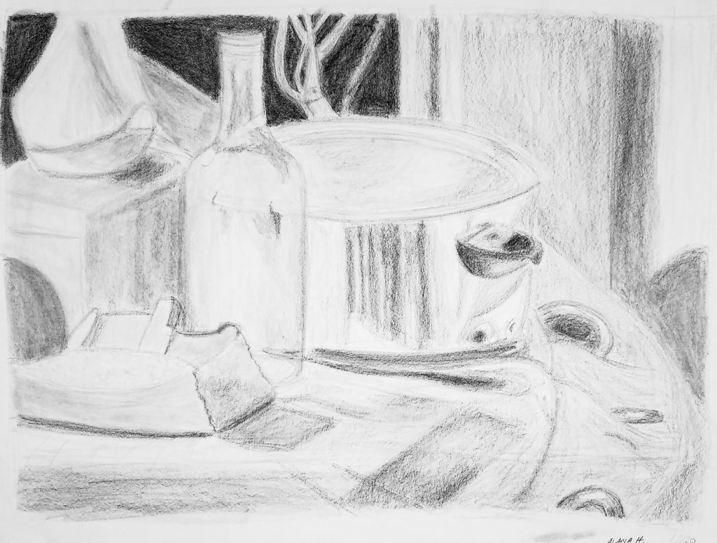 Charcoal drawing on white sketch paper. Horizontal orientation. Consists of a still life scene with bottles, styrofoam shapes, branches and a metal crockpot all resting atop of a curtain.