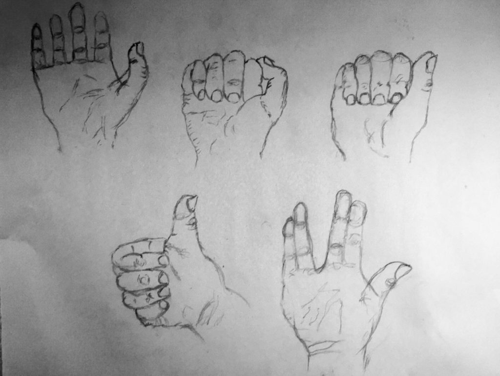 This drawing  piece demonstrates the concept of coordinating contour lines into a realistic form art. The first thing I did was place my right hand in front of me and drew a basic form (quick sketch) of my hand and fingers. Then, from that sketch I went into more detail of the shape of my fingers, nails, and the signs I formed. Finally, I used the concept of contour lines as a form of creating texture within each hand shown as: creases and  cracks throughout my hand.
Materials: 
- 2H drawing pencil
- White Plastic Eraser
- Drawing Paper Pad