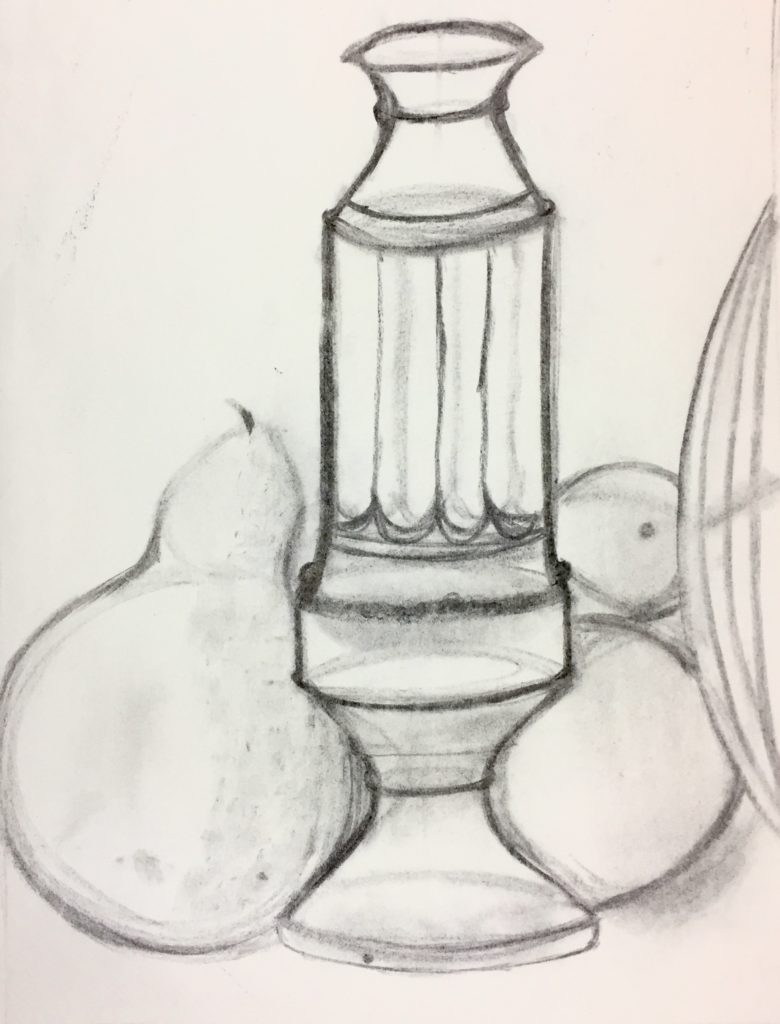 A still-life of many objects, including (from left to right) a gourd, a vase, a ball, a smaller gourd in the background, and a large pumpkin that is partially visible on the side of the image.