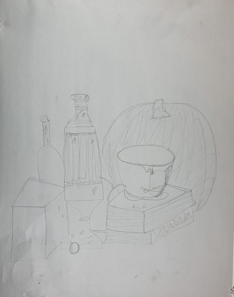 This is a contour drawing of a box, wine bottle, vase, bowl, books, and a pumpkin. 