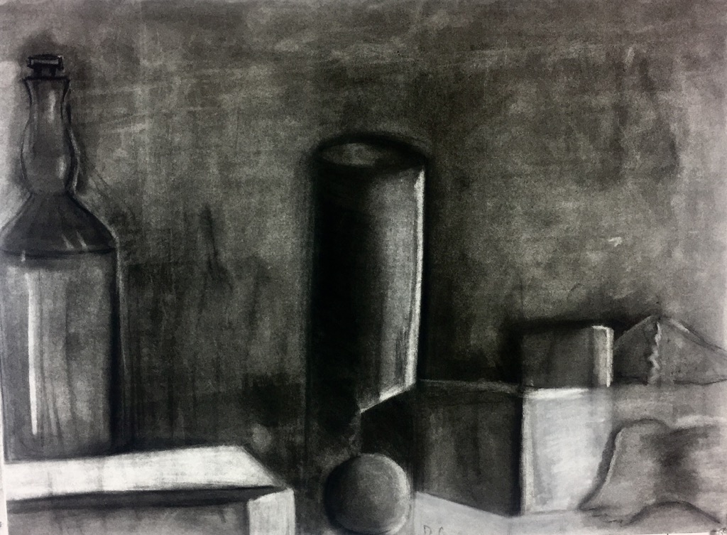 In this art piece I was assigned to draw the still life in front of me during class. Still life in my own words is different forms of life (objects) that is placed in a certain position with a source of light reflect off of it. In this piece I highlighted the different detects of light throughout each object. In this piece there is a cylinder object, a bottle, blocks, a circular ball, and a seashell. I used back shapes, and a biasic outline to create the physical form of each object. Then I used charcoal (2B), white Conte crayon, and vinyl charcoal to highlight the different levels of light being bounce of each object. This is why some objects are darker and lighter in certain spots.
Materials:
- Vinyl Charcoal
- White Conte Crayon
- Napkin ( smudging)
- Drawing Paper Pad
- White Charcoal
- Vinyl Charcoal
- Charcoal (2B)