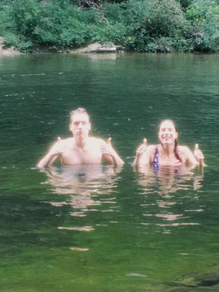 My sister and I braving the Toe River.
(Photo by Diane Clark)