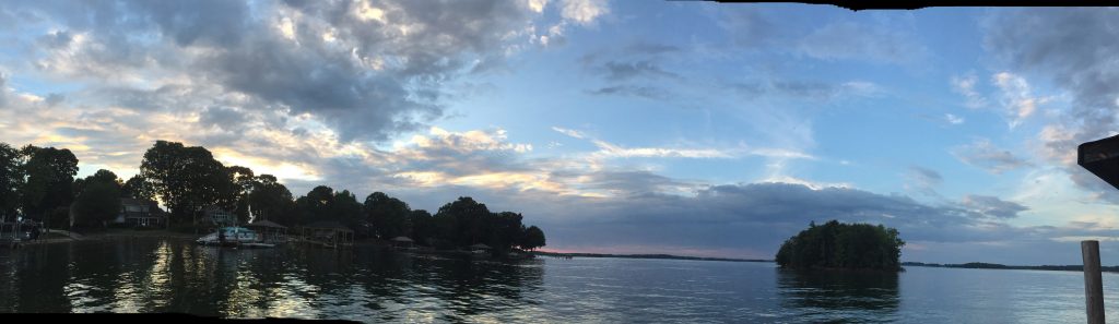 A panoramic view of water and trees and the sky