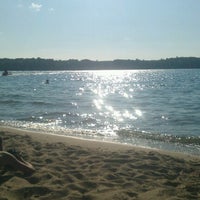 A picture of the Bear Lake shoreline. The sand is pocketed with footprints and the sun shines on the water as it stretches out to the horizon, marked by a line of trees in the distance. 