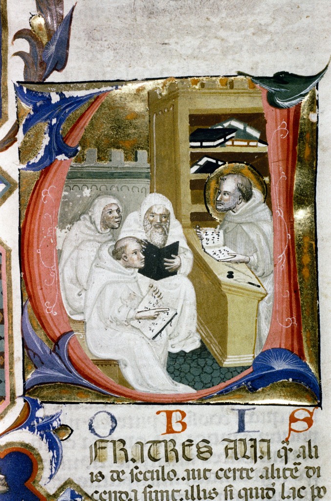 This is a picture of Saint Bernard of Clairvaux teaching student monks.