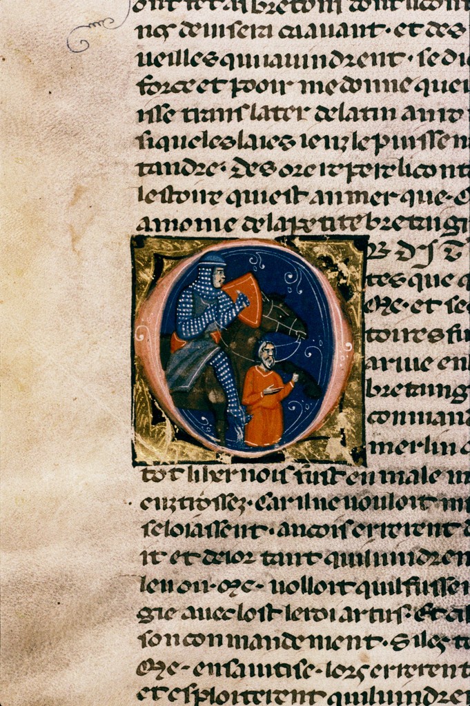 Medieval manuscript of Merlin in a red robe casting a spell.