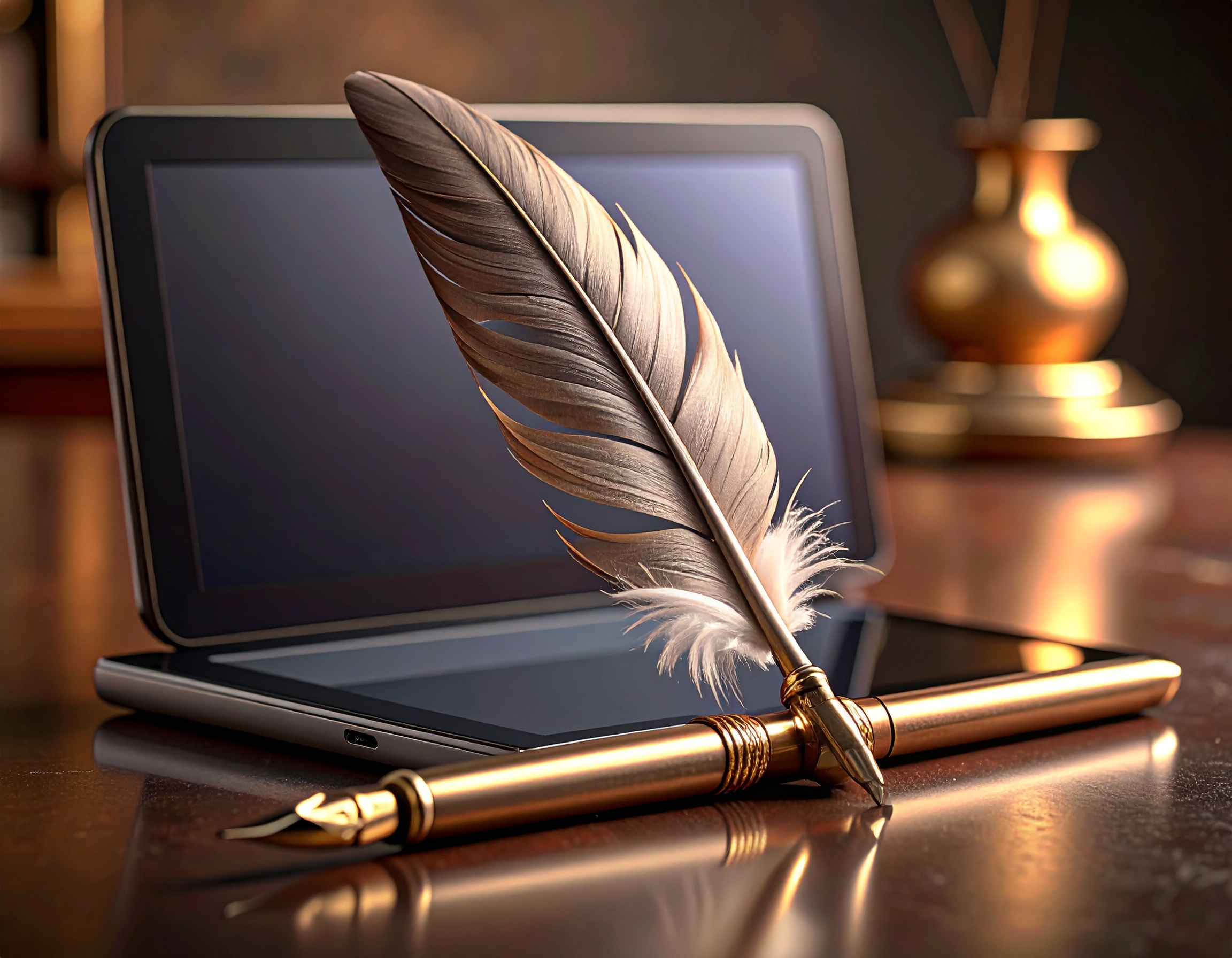 A quill next to a modern tablet; image generated by Adobe Firefly